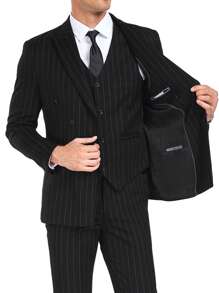 Furuyal Men's Suits Striped 3 Pieces Suit Set For Men Elegant Solid Casual Fashion Double Breasted Slim Fit Prom Blazer Vest Pants Set Business Party Wedding Holiday Black Size XS-3XL