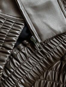 女士休闲宽松拉链 PU 夹克，秋冬外套，女士日常穿着，非常适合返校 - 黑棕色 - 查看 6