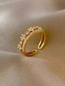 5 件套优雅奢华花卉、树叶、几何铜微镶嵌合成锆石戒指套装，适合度假、派对、婚礼、日常佩戴 - 金黃色 - 查看 9