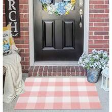 Green And White Outdoor Rug, Buffalo Plaid Porch Mat ,24"X16" Mat With 30"X18" Non Slip Rubber Backing, Easy To Clean, Low-Profile Floor Mat For Front Door Living Room Bedroom Office Dorm Home Decor Kitchen, Made In USA - Hồng Trắng - Xem 4