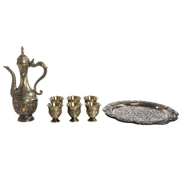 Rainaut Vintage Coffee Pot And Cups Set,Tea Service Set Including Teapot,Tea Tray And Metal Cups For Wine Cabinet Decor,Wedding Ornaments
