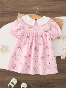 Vestido de verano casual y lindo para niñas bebés con estampado de conejo y lazo bordado de cuello redondo y manga corta - Rosa - Ver 2