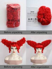 Parrucca da 10 pollici affascinante, rossa, corta e dritta, con ciuffi ricci e corna voluminose, per donne, feste in costume, cosplay, pagliacci. In fibra a bassa temperatura, pre-acconciata e pronta da indossare, dall'aspetto naturale.