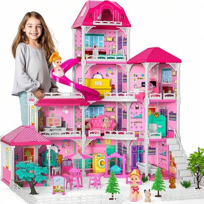 DOLOOWEE (Quick Ship)Dolls House Toys,  10 Rooms Dolls House With 2 Princesses Slide Accessories, Playset Playhouse Gift