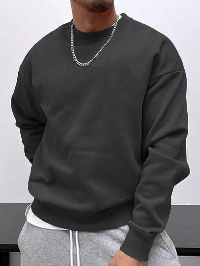 Men's Casual Sports Sweatshirt - Solid Color, Long Sleeve, Knit Fabric, H-Fit, For Hiking & Outdoor Activities, Polyester, Round Neck, Athletic Style Top For Fall/Winter Season