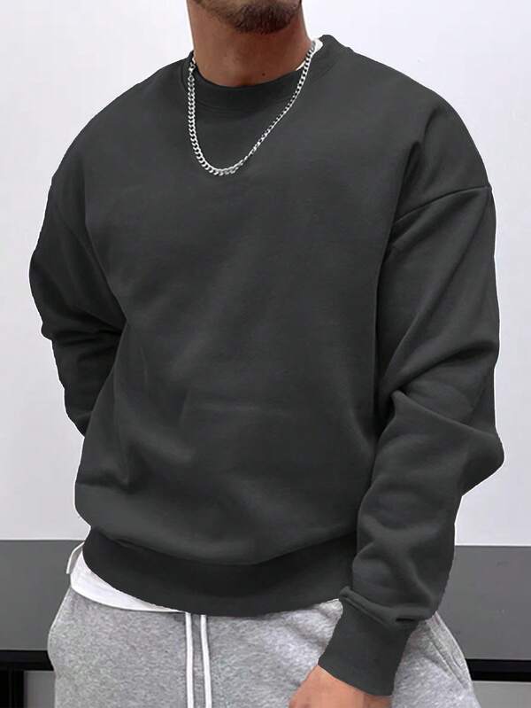 Moletom esportivo casual masculino - cor sólida, manga comprida, malha, ajuste H-Fit, para caminhadas e atividades ao ar livre, poliéster, gola redonda, estilo atlético para outono/inverno