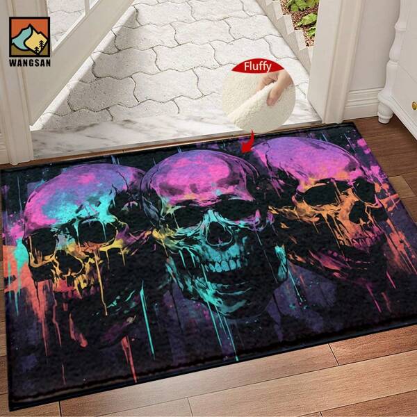 1pc Halloween Colorful Skull And Blood Raven Skull Pattern Bathroom Anti-Slip Mat, Made Of Artificial Cashmere Material, With Fluffy Decoration, Suitable For Doors, Bathrooms, Kitchens And Other Occasions, Machine Washable, Anti-Slip, Daily Decoration, Can Be Given As A Gift