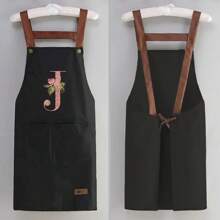 1 件套家用厨房围裙 - 可调节肩带设计，大前口袋成人男女烹饪耐用围裙，四季创意字母 A-Z 印花围裙轻薄围裙餐厅店服务员工作制服 - 黑色 - 查看 36
