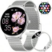 Smartwatch Reloj Inteligente Mujer,1.19'' AMOLED Rastreador de Actividad Impermeable IP68,24H Pulsometro,Pulsera Inteligente Dama con Llamadas Bluetooth para iPhone Andriod(Correa Metal+Plata) - Plata malla - Ver 1