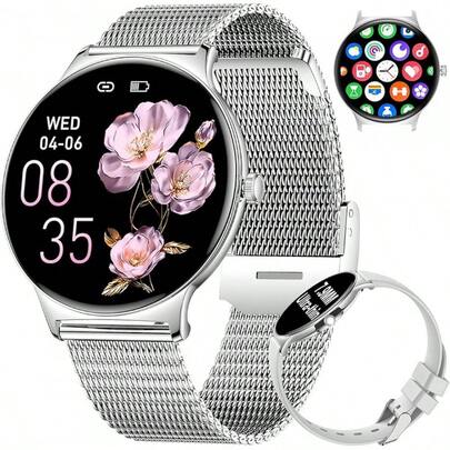 Smartwatch Reloj Inteligente Mujer,1.19'' AMOLED Rastreador de Actividad Impermeable IP68,24H Pulsometro,Pulsera Inteligente Dama con Llamadas Bluetooth para iPhone Andriod(Correa Metal+Plata)