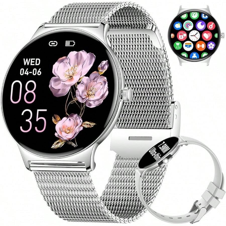 Smartwatch Reloj Inteligente Mujer,1.19'' AMOLED Rastreador de Actividad Impermeable IP68,24H Pulsometro,Pulsera Inteligente Dama con Llamadas Bluetooth para iPhone Andriod(Correa Metal+Plata) - Plata malla - Ver 1