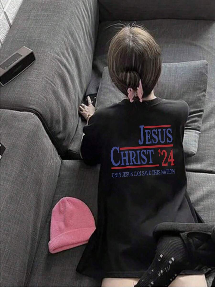 Women's Casual Versatile Graphic Print Crew Neck Short Sleeve T-Shirt, New For Summer - 黑色 - 查看 1