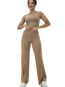 Conjunto Feminino Pantalona + Blusa em Malha Ribana Ana Ruga