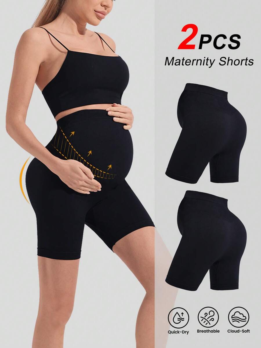 2 buc/set pantaloni de yoga pentru maternitate, fără cusături, culoare uni, talie înaltă, cu nervuri, pantaloni scurți sport, model simplu, croit