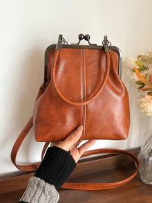 1个复古仿皮斜挎包，女士复古风吻锁迷你手提包，配有可调节肩带，纯色轻便都市手提包，涤纶衬里，男女通用 - 棕色 - 查看 7