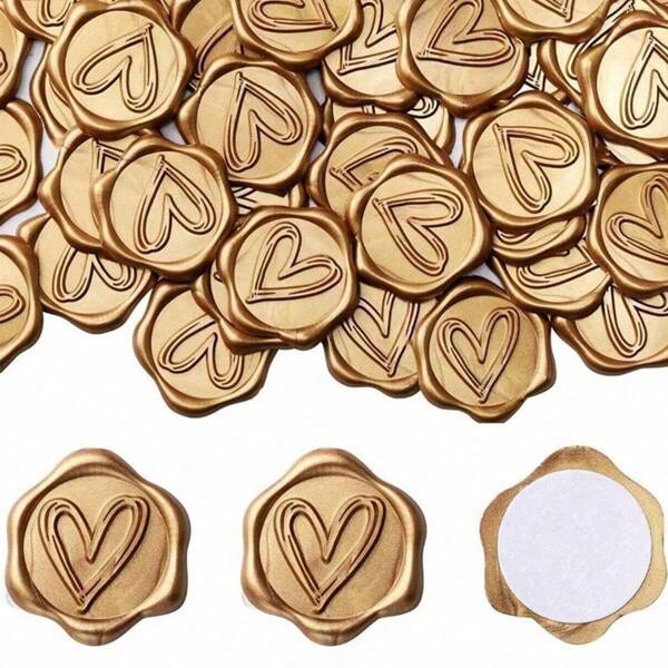 25/50/100pcs Bronze Gold Heart/Couple Rings/Eucalyptus Wax Seal Stickers - Self-Adhesive Plastic Envelope Seals For Weddings, Birthdays, Christmas Parties - Elegant Embossed Heart Design For Invitations And Cards, Heart Stickers
