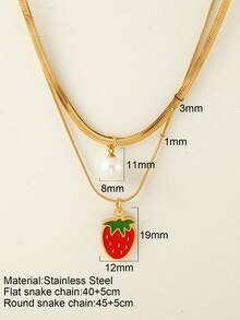 1 件不锈钢双层蛇骨项链，带树脂仿珍珠和水果吊饰（草莓、西瓜、樱桃），非常适合夏季郊游、海滩、情人节礼物和日常佩戴，适合所有场合