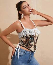 Womens Vintage 1920s Renaissance Lace Trim Corset Bustier, Retro Fashion - 黑色蕾絲 - 查看 5