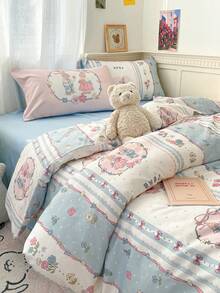 4 件兔子图案印花羽绒被套套装，柔软易清洁的涤纶面料，可爱卡通图案床上用品套装，适合 7 岁以上儿童和青少年（1 件羽绒被套 + 1 件床笠 + 2 个枕套，无内芯）