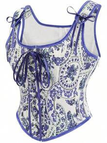 Womens Vintage 1920s Renaissance Lace Trim Corset Bustier, Retro Fashion - 紫色復古 - 查看 3