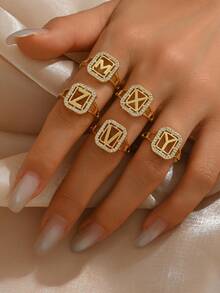 1 时尚精致26字母锆石戒指，夏季新款女士首字母开口戒指 - 金黃色 - 查看 5