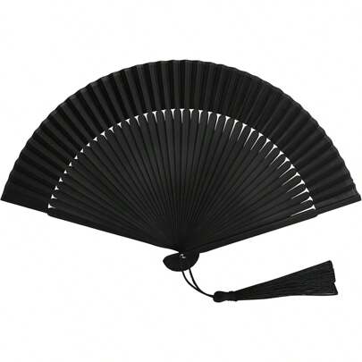 1pc Vintage Black Folding Hand Fan, Wooden Accordion Style Handheld Fan, Suitable For Performances, Weddings, Home Decor, Summer