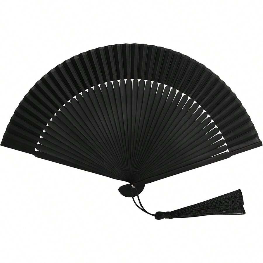1pc Vintage Black Folding Hand Fan, Wooden Accordion Style Handheld Fan, Suitable For Performances, Weddings, Home Decor, Summer - Black - View 1