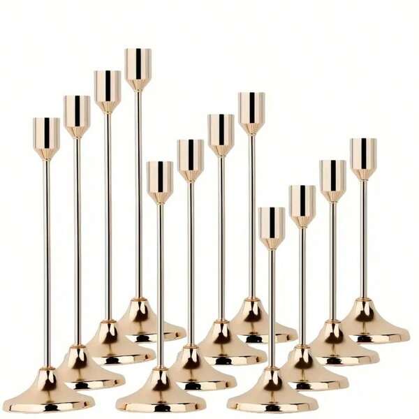 12pcs European Romantic Candle Holders Set, Polished Metal Tabletop Candle Holders Suitable For Pillar And Cone Candles, Elegant Center Piece Decor For Christmas, Halloween, Easter, Thanksgiving, Home, Wedding, Party, Anniversary