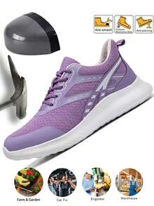 1 pereche de pantofi de lucru violet cu vârf din oțel pentru femei, ușoare, rezistente la perforații, alunecare, respirabile, cu talpă EVA, cizme de lucru pentru siguranță, pantofi de drumeții confortabili, fabrică, pantofi de lucru în aer liber, depozite MAX Gifts