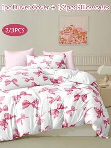 2/3pcs Bow Pattern Digital Print Polyester Duvet Cover Set, Cute Modern Bedding Set For Kids Teens Girls All Seasons, Soft Breathable, Machine Washable,( 1 Duvet+ 1/2 Pillowcases)