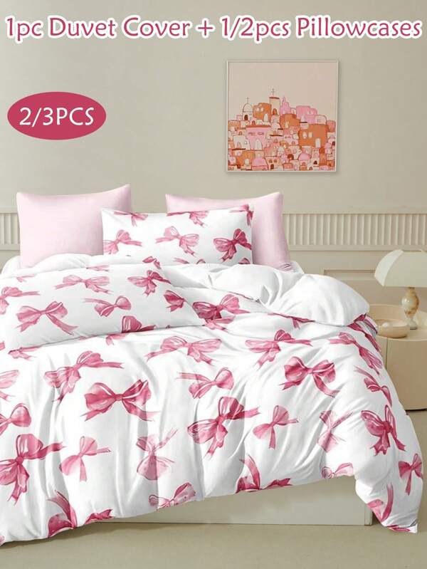 2/3pcs Bow Pattern Digital Print Polyester Duvet Cover Set, Cute Modern Bedding Set For Kids Teens Girls All Seasons, Soft Breathable, Machine Washable,( 1 Duvet+ 1/2 Pillowcases)