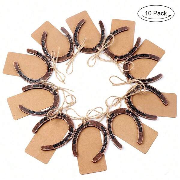10pcs/Set Horseshoe-Shaped Wedding Party Favor Decorations, Metal Miniature Horseshoe Ornaments With Kraft Paper Tags, 4mm Thick, Anniversary Celebration Supplies, Birthday Gift