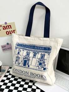 女士单肩包，伦敦书籍印花，女士休闲手提包，可重复使用，大容量，购物袋，沙滩包 - 米色 - 查看 8