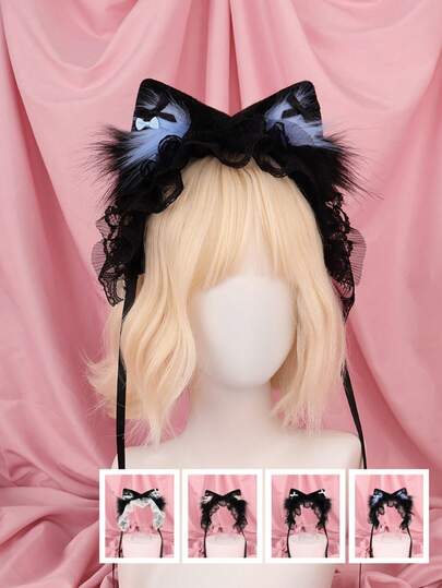 可调节可爱蕾丝猫耳头饰，带蕾丝丝带的女仆装头饰，派对、舞台表演的少女头饰