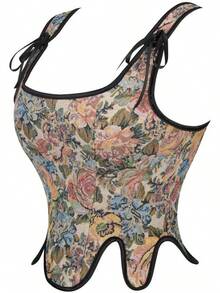 Womens Vintage 1920s Renaissance Lace Trim Corset Bustier, Retro Fashion - Cream Flower - View 3