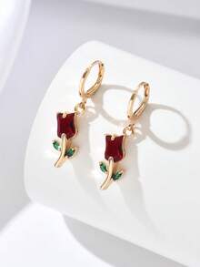 1 Pair French Fashion Copper Inlaid Cubic Zirconia Rose Flower Hoop Earrings For Women - Multicolor - View 2