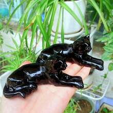 1 件天然黑曜石斜倚猫、石英猫、水晶动物饰品、石英雕刻、男女礼物、水晶疗愈、手工制作（尺寸可能有 1-3 毫米差异） - 黑色 - 查看 6