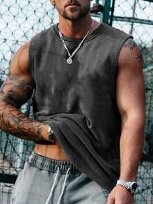 男士纯色休闲街头风格运动无袖T恤 - 深灰色 - 查看 4