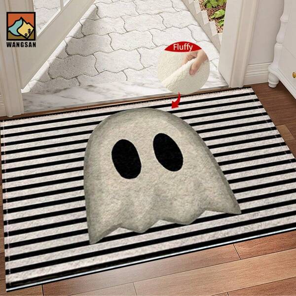 1pc Halloween Ghost Spider Pattern Bathroom Anti-Slip Mat, Made Of Artificial Cashmere Material, With Fluffy Decoration, Suitable For Doors, Bathrooms, Kitchens And Other Occasions, Machine Washable, Anti-Slip, Daily Decoration, Can Be Given As A Gift