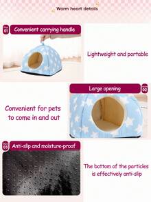 1个蓝色星形图案仓鼠床，兔子藏身处，舒适温暖的小宠物窝，可水洗，适合小型宠物、雪貂和兔子