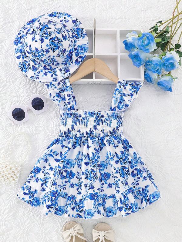 Set de 2 piezas Vestido informal de tirantes finos con estampado floral para bebé niña, de verano