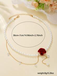 1pc Elegant Faux Pearl, Cubic Zirconia Flower & Bow Design Necklace, Suitable For Women's Daily Wear, Weddings, Engagements, Parties, Gift