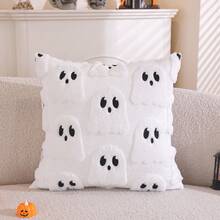 1 Pc Halloween Cute 3D Ghost Embroidered Plush Pillow Cover, Quilted Decorative Cushion Cover, Holiday Gift And Party Decor (Cover Only, No Pillow Insert) - White - View 15