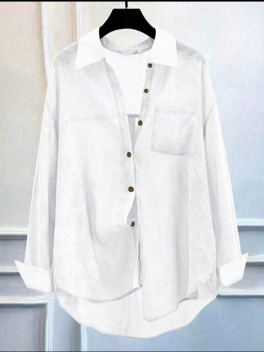 Women's Printed Lapel Single-Breasted Loose Long Sleeve Shirt - Putih - View 1