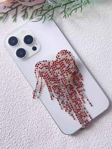 1pc New Creative Tassel Heart Nail Adhesive Universal Phone Holder, Crystal Telescopic Air Cushion Phone Stand, U Shape Finger Ring Grip, Elegant High-End Rhinestone Tassel Stand For Women Compatible With IPhone, Android Phone, Gift For Birthday, Family, Friends Phone Accessories