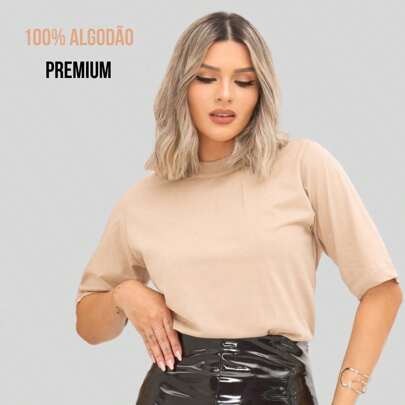 Tshirt Camiseta Blusa Básica Feminina Gola Alta Manga Oversized 100% Algodão Premium Fabricante Nacional