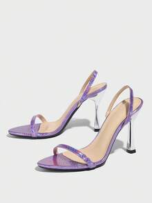 女士时尚性感露趾金属压花激光紫色面料舒适优雅银色粗跟春夏英式一脚蹬踝带迷人独特适合户外旅行、派对、夜间外出紫色高跟凉鞋 - 淡紫色 - 查看 6
