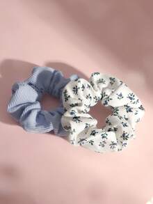 2件套女士印花灯芯绒发圈，发绳，发饰，发圈发带，头饰，马尾辫发圈 - 藍色 - 查看 2