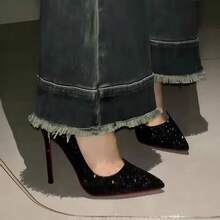 Black High-Heeled Shoes Women'S Fine-Tipped Spring-Autumn New-Style Sequins Wedding Shoes Pointed-Toe Shoe - Black-5Cm - View 4