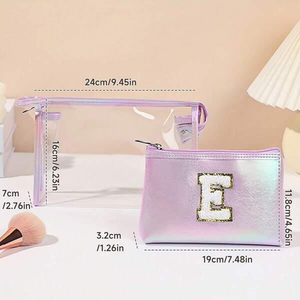 2pcs Letter Laser Makeup Bag, Transparent Jelly Travel Organizer Pouch, Large Capacity High-End Toiletry Bag